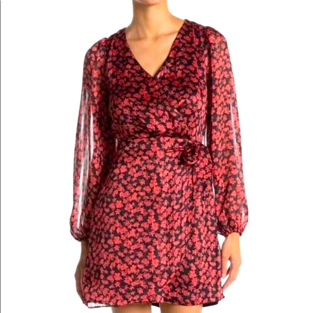 NWOT Women’s Lush black dress with red floral print and gold threading, size S